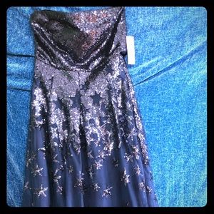 Navy blue with silver sequins tea length dress